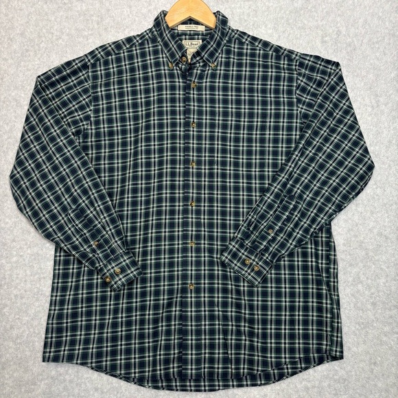 L.L. Bean Wrinkle-Free Long Sleeve Button Down Plaid Shirt-Navy/Green-Men Large - Picture 2 of 5